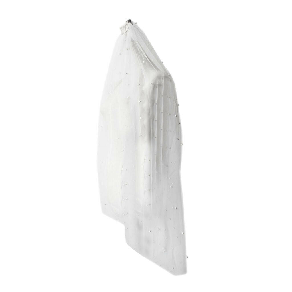 White Cathedral Length Soft Lace Wedding Bridal Veil Long Trail Pearls Decor