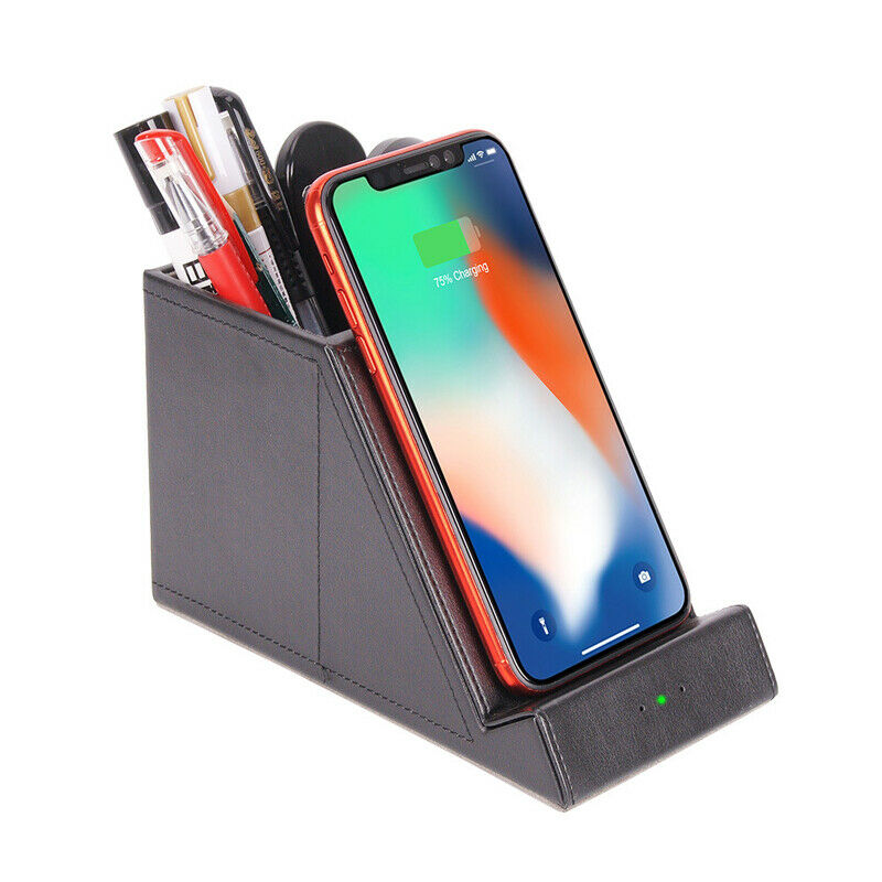 Desktop Wireless Charging Station Pen Storage Holder Case 10W Quik Fast Charge