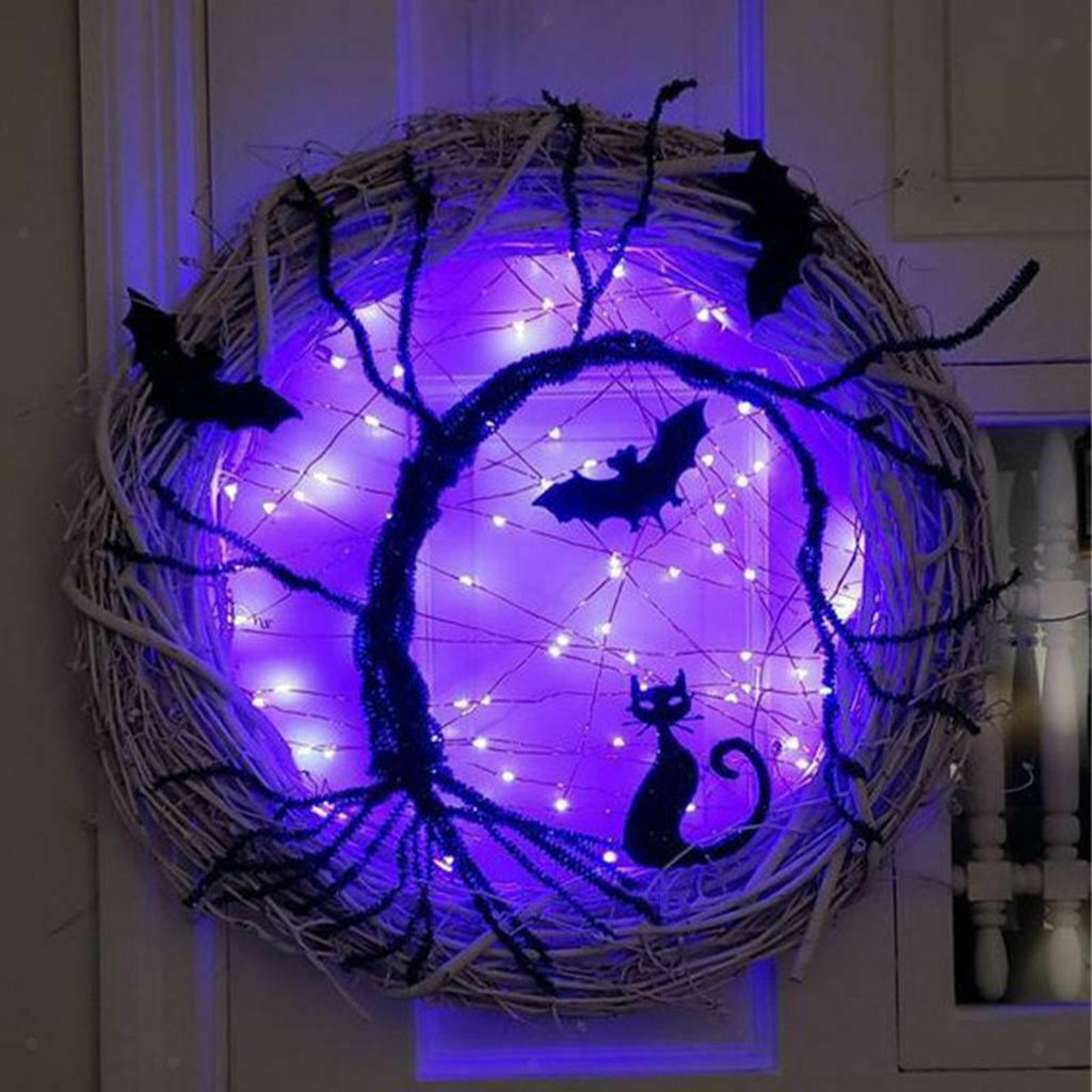 Happy Halloween Wreath Lighted Decor Black Bat Cat Purple Lights for Outdoor