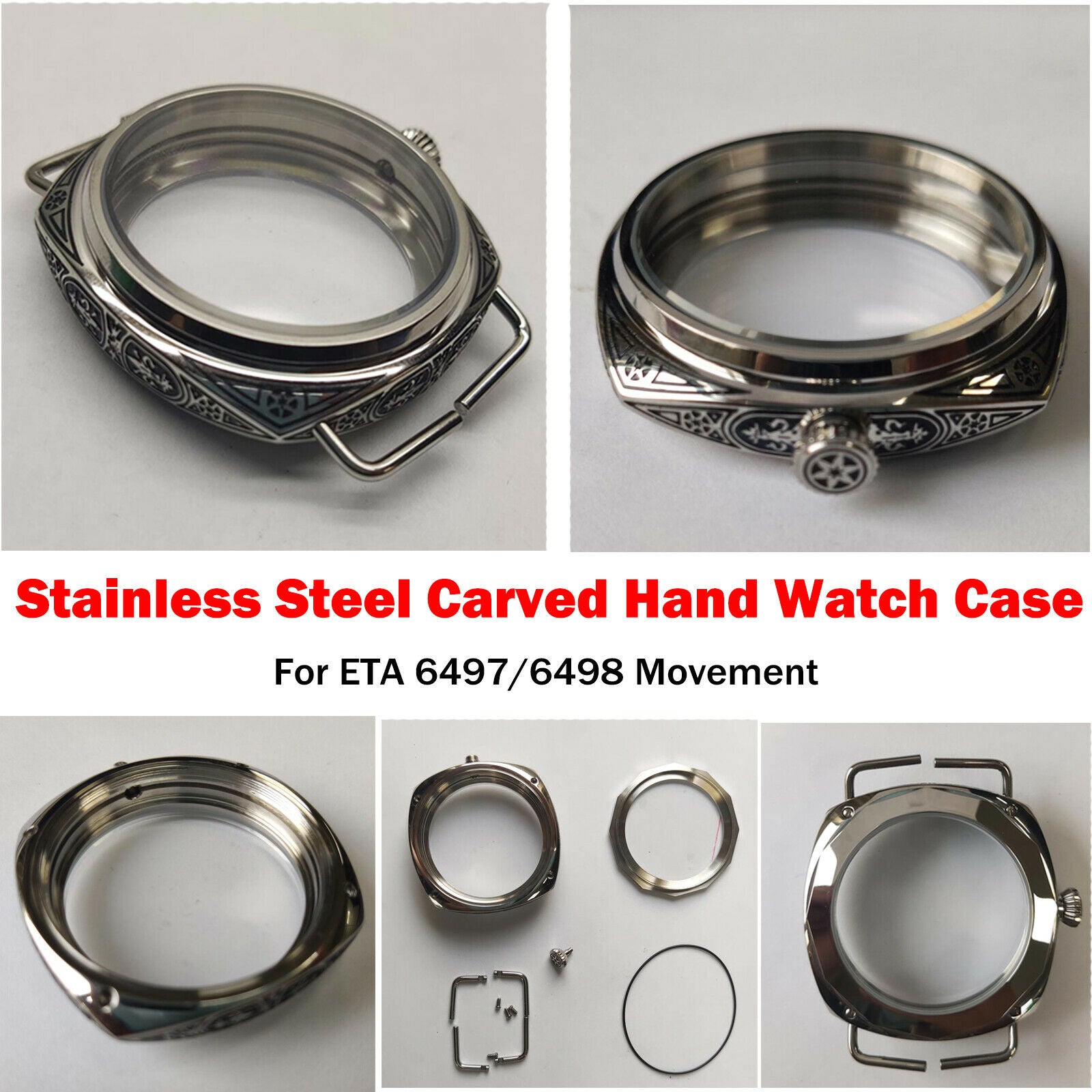 For ETA 6497/6498 Watch Movement 45mm Stainless Steel Carving Watch Case Part