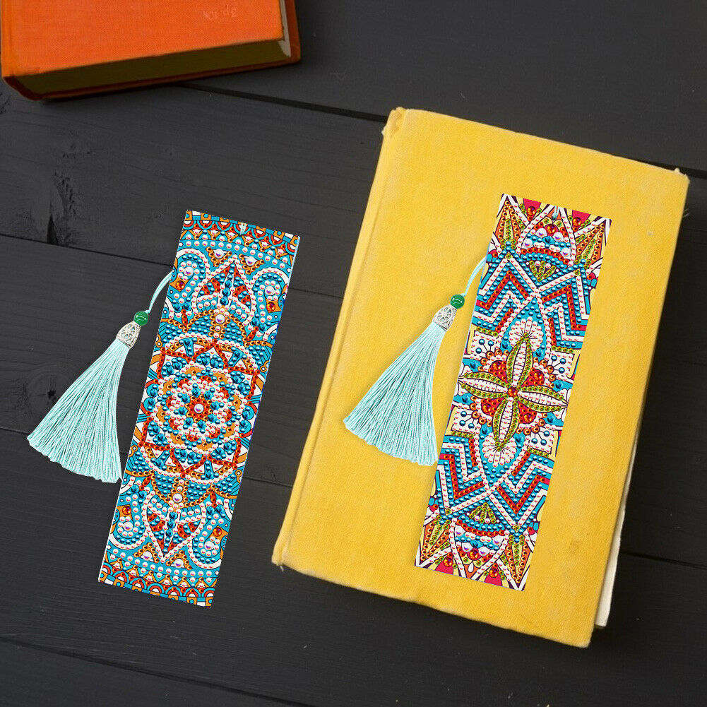 2pcs 5D DIY Special Shape Diamond Painting Leather Tassel Mandala Bookmarks @