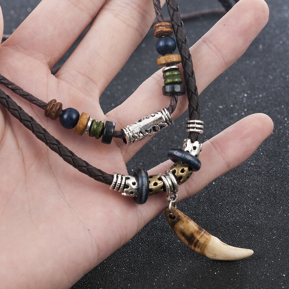 Fashion Men's Bohemia Wolf Tooth Pendant Leather Beaded Weaved Necklace Jewelry