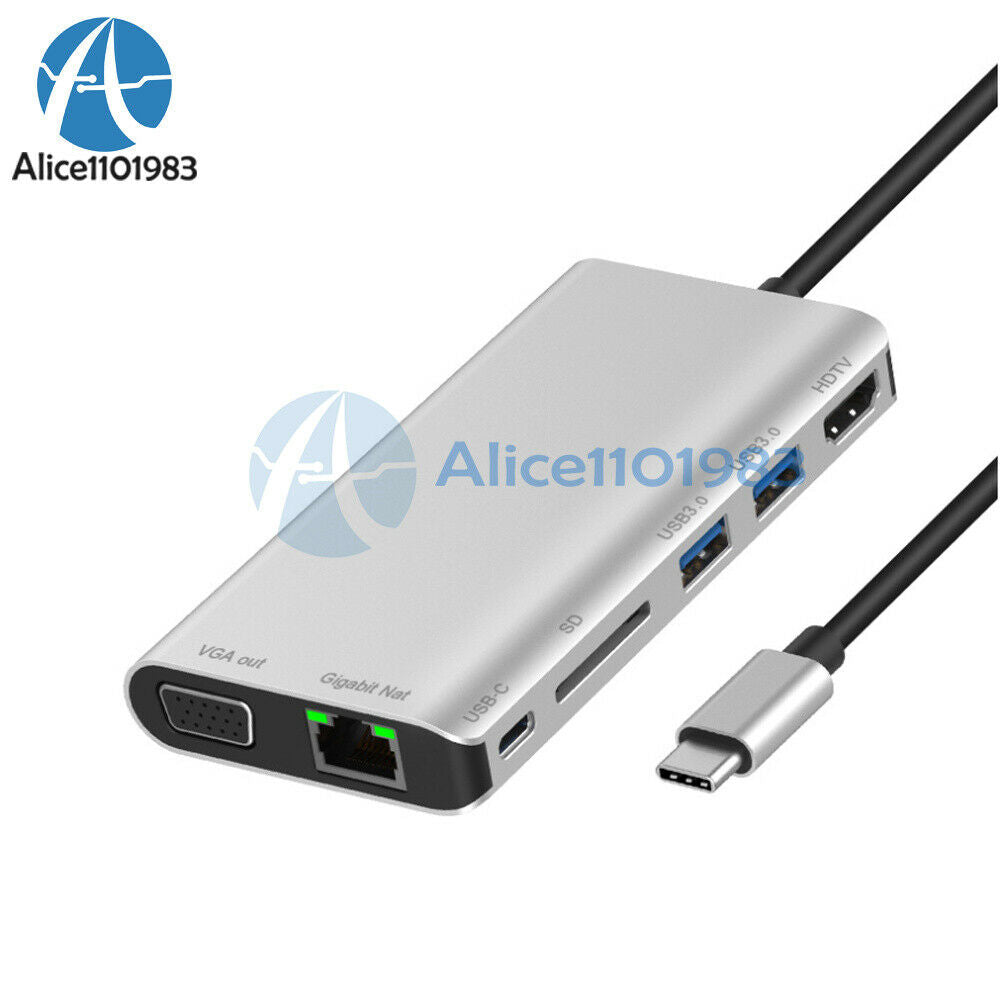 8 in 1 Type C to HDMI VGA USB 3.0 SD Card Reader Gigabit Ethernet Port PD Dock