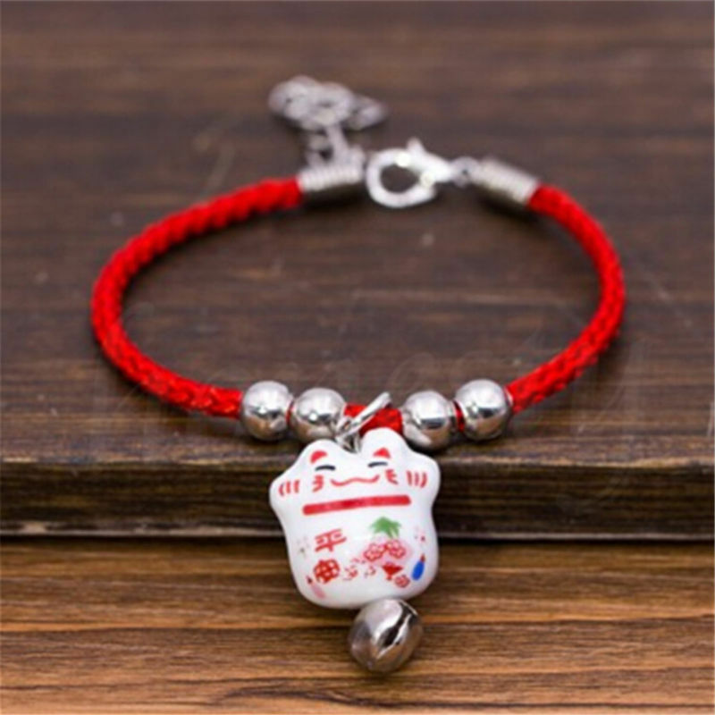 10PCS Lucky Ceramic Fortune Cat Red Rope Bracelet Pendant Fengshui Blessing Gift
