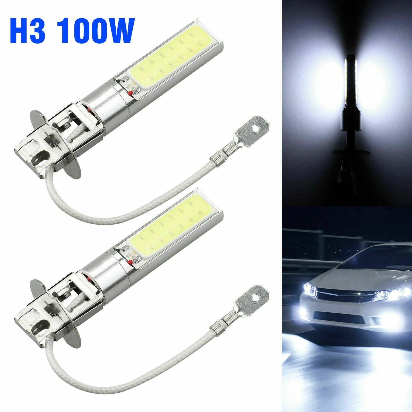 2X H3 100W CREE LED Fog Light Bulbs Car Driving Lamp DRL 6000K White High Power