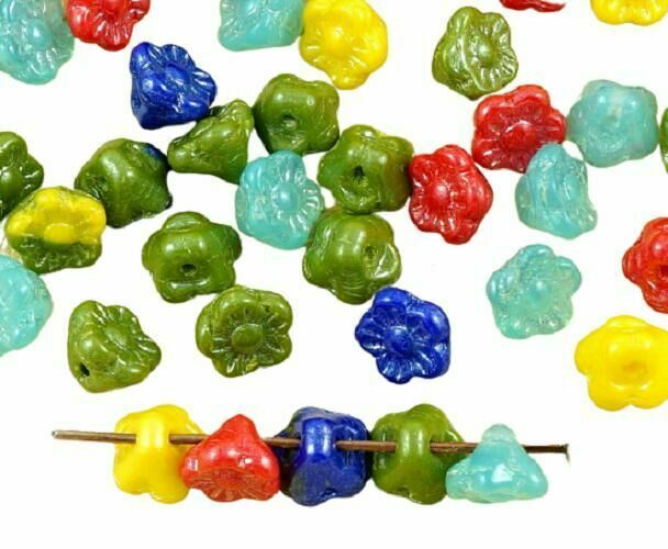 16pcs Blue Green Purple Red Luster Mix Czech Glass Small Flower Beads 7mm