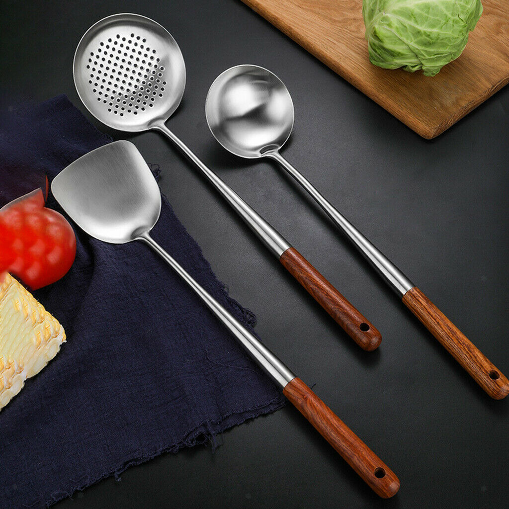 Stainless Steel Wok Spatula Ladle Skimmer Wooden Handle Easy Clean Gift