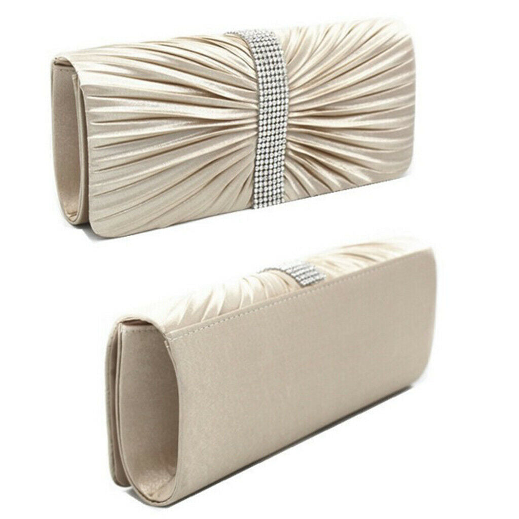 Women Elegant Crystal Satin Pleated Evening Party Wedding Handbag Apricot