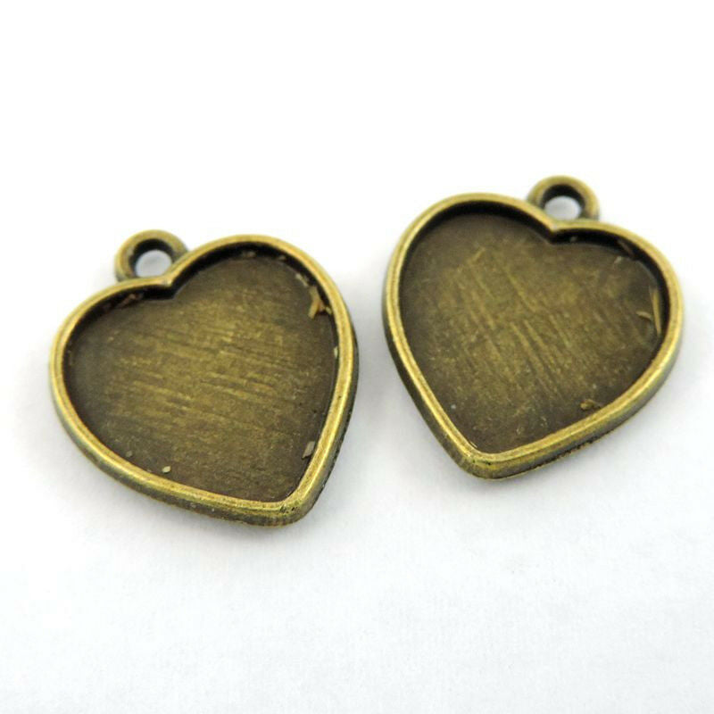 25 pcs Antiqued Bronze Alloy Blanks Heart Bazel Frame Pendant Tray Charm 14mm