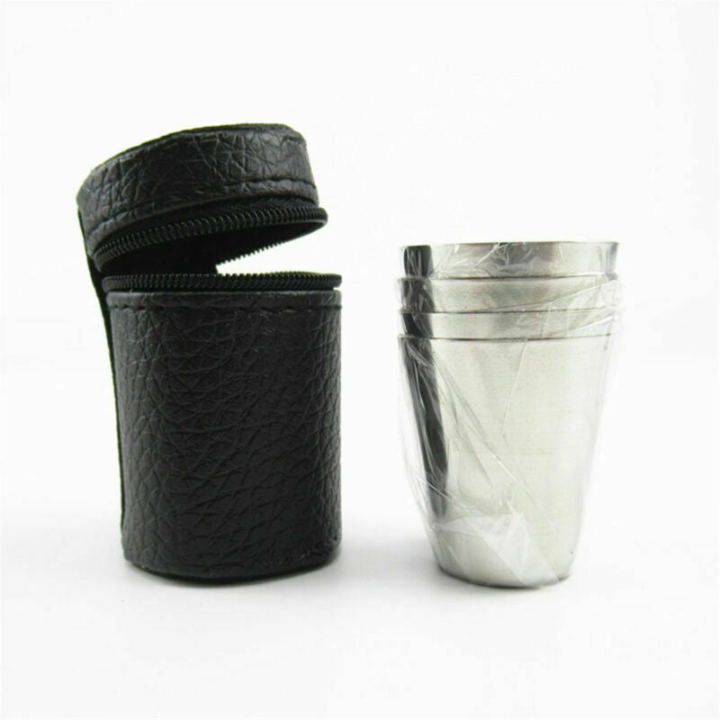 5Sets Camping / Travel Stainless Steel Shot Glass Set with PU Leather Case Cover