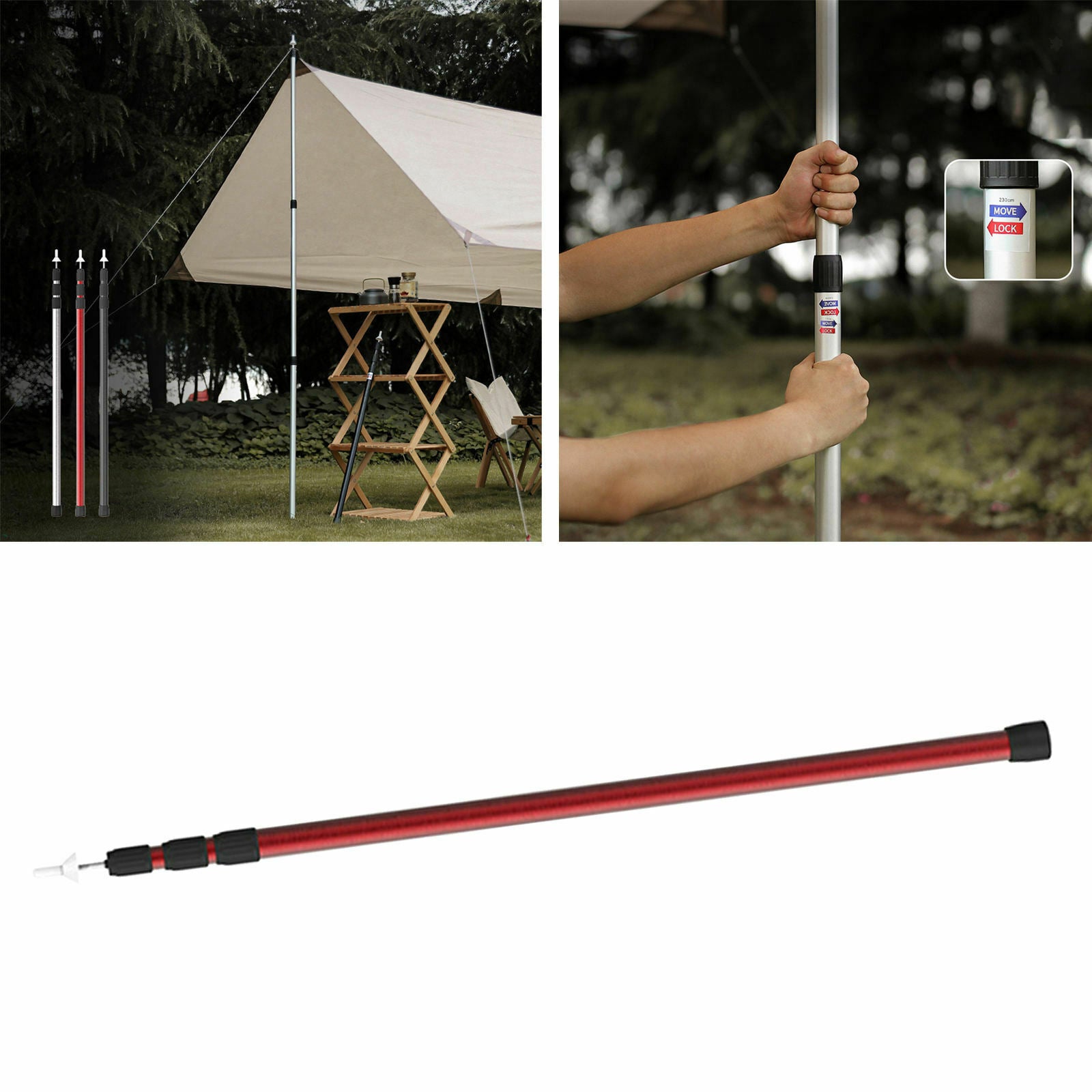 Telescoping Tarp Poles Tarp Fall Camping Hiking Shelter Hammock Shade red