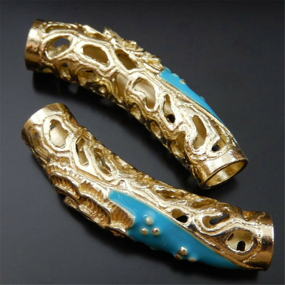 3 Golden Alloy Bent Hollowed Floral Tube Bead Charm Engraved Pipe Pendant 48*9mm