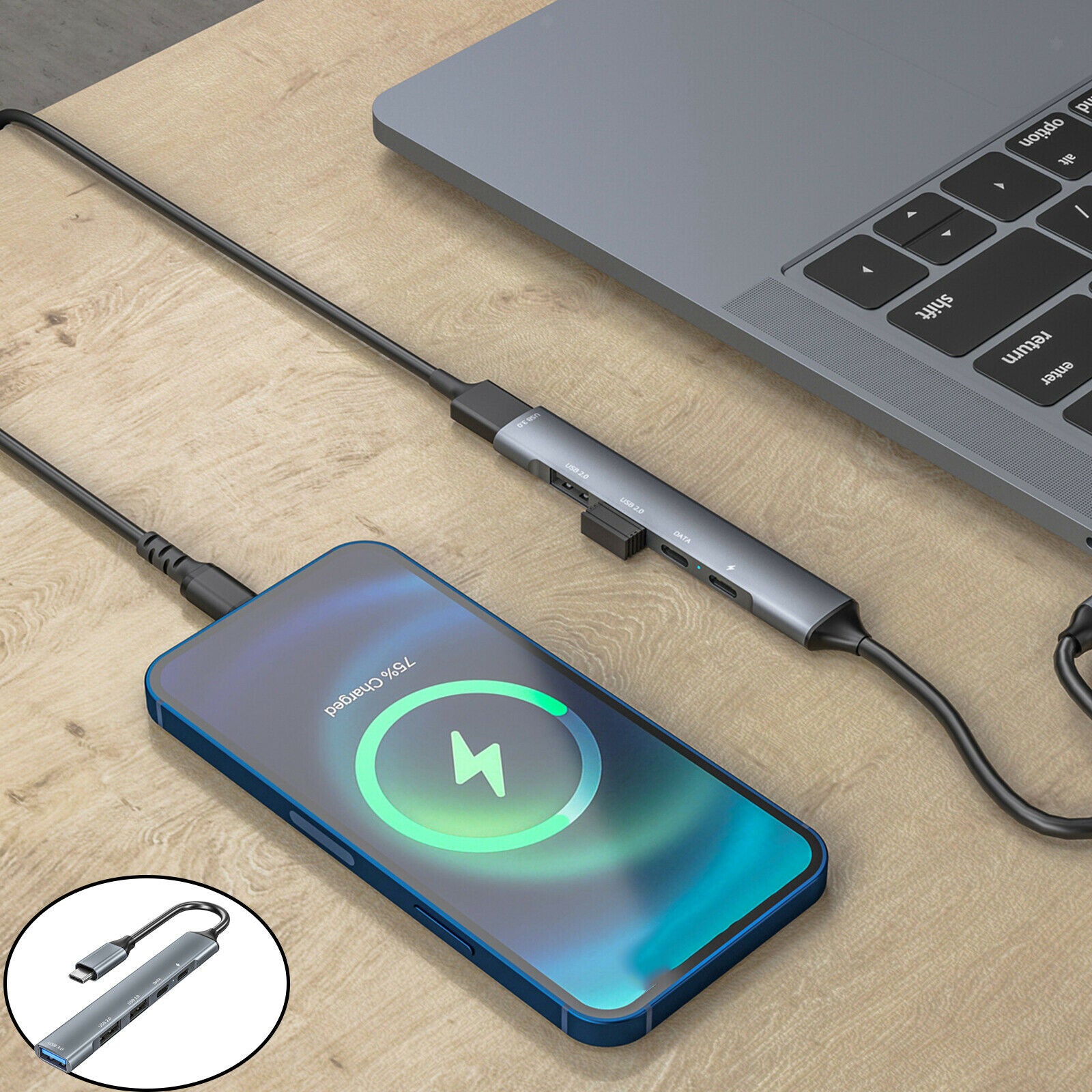 USB C Hub Multi-Port Type-C 5 in 1 USB C 2.0 65W PD Charger for MacBook Pro
