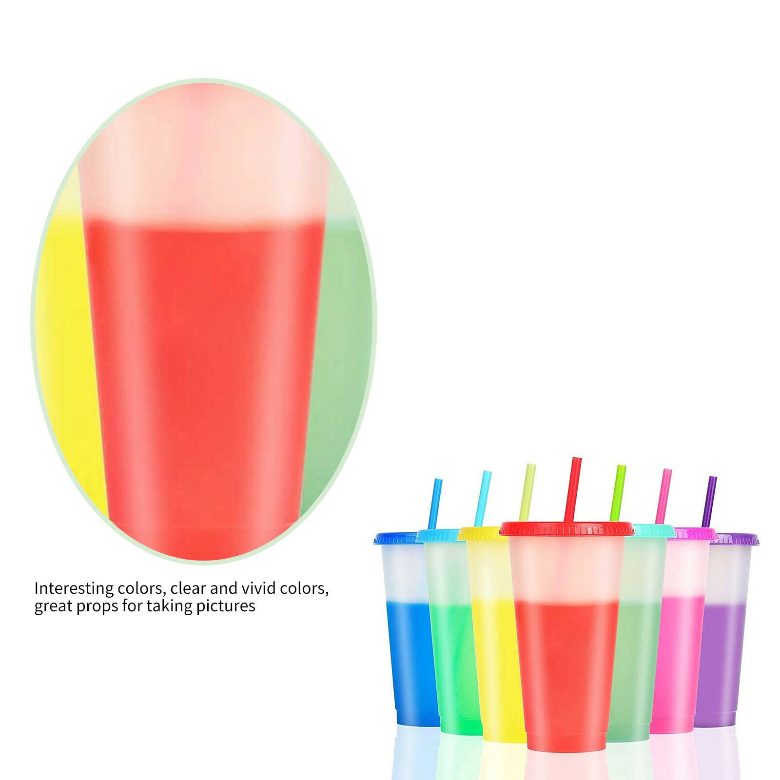 Reusable Color Changing Cups 7pcs Cold Drinks Travel Tumbler with Lid Straw 24oz