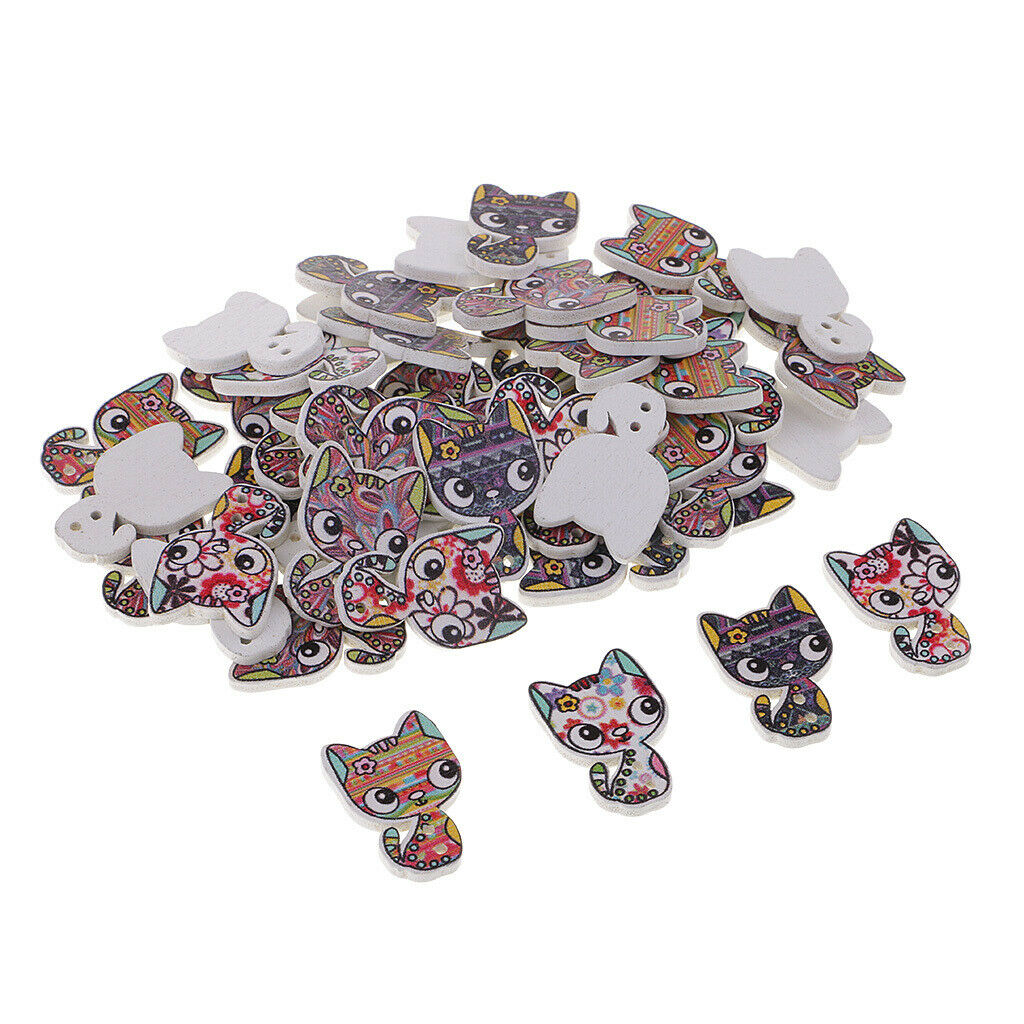 50Pcs Cartoon Animal Cat Wood Buttons Sewing Crafts Accessories 26*17mm