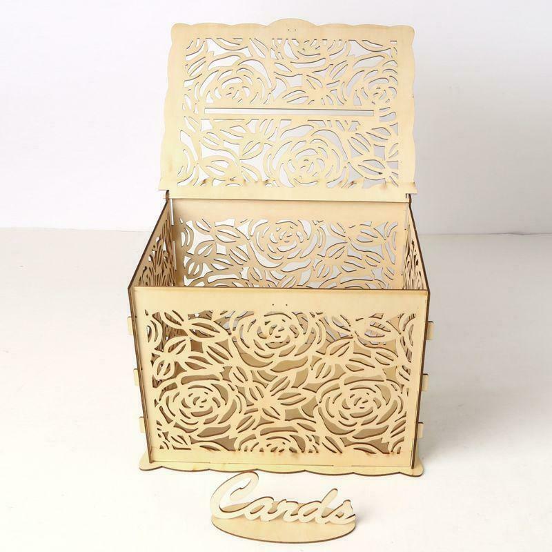 DIY Wedding Gift Rose Flower Wooden Card Money Box Case With Lock Rustic Party