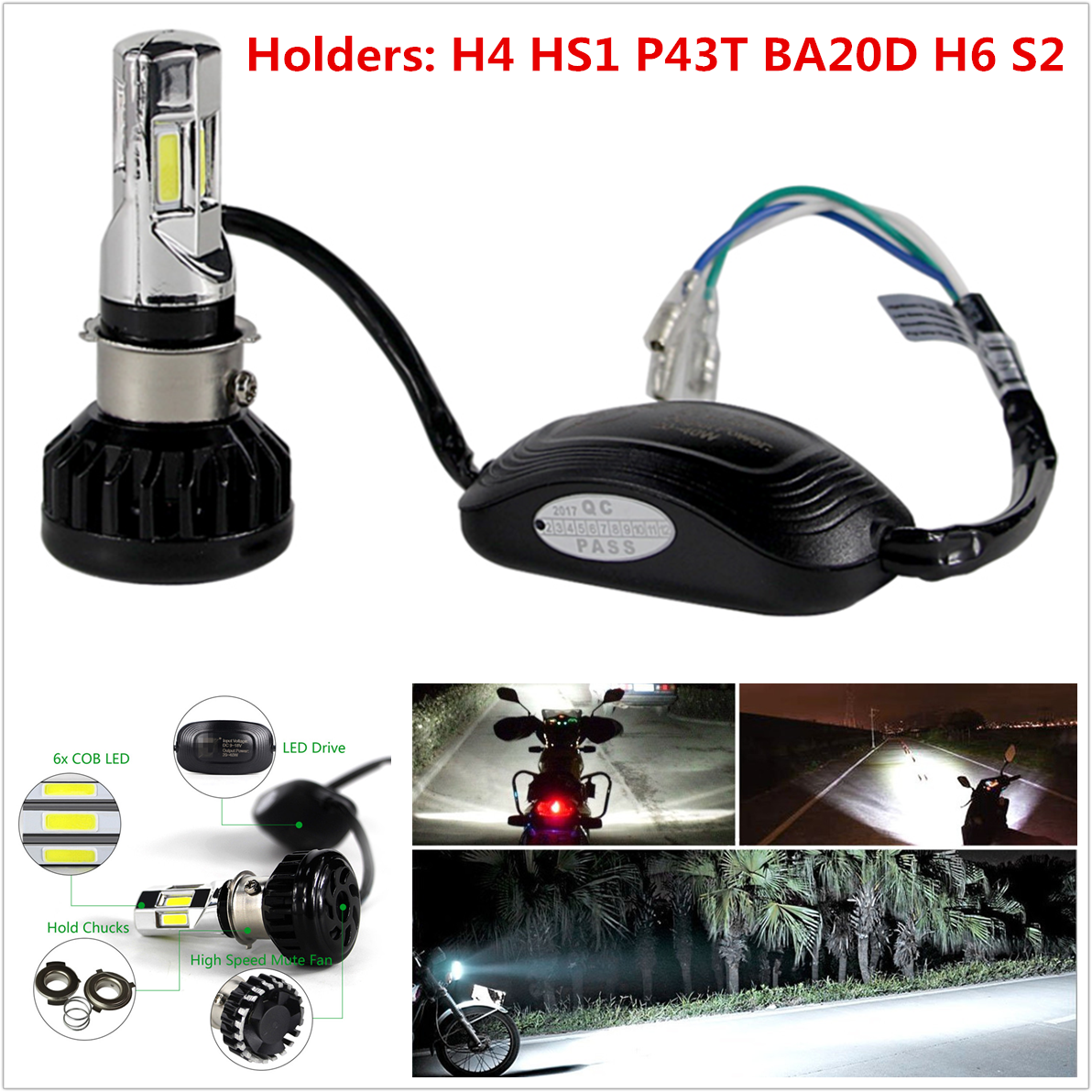 35W 6COB Motorcycle LED Headlight Bulb Hi/Lo Beam H4 HS1 BA20D P15D H6 S2 3500LM