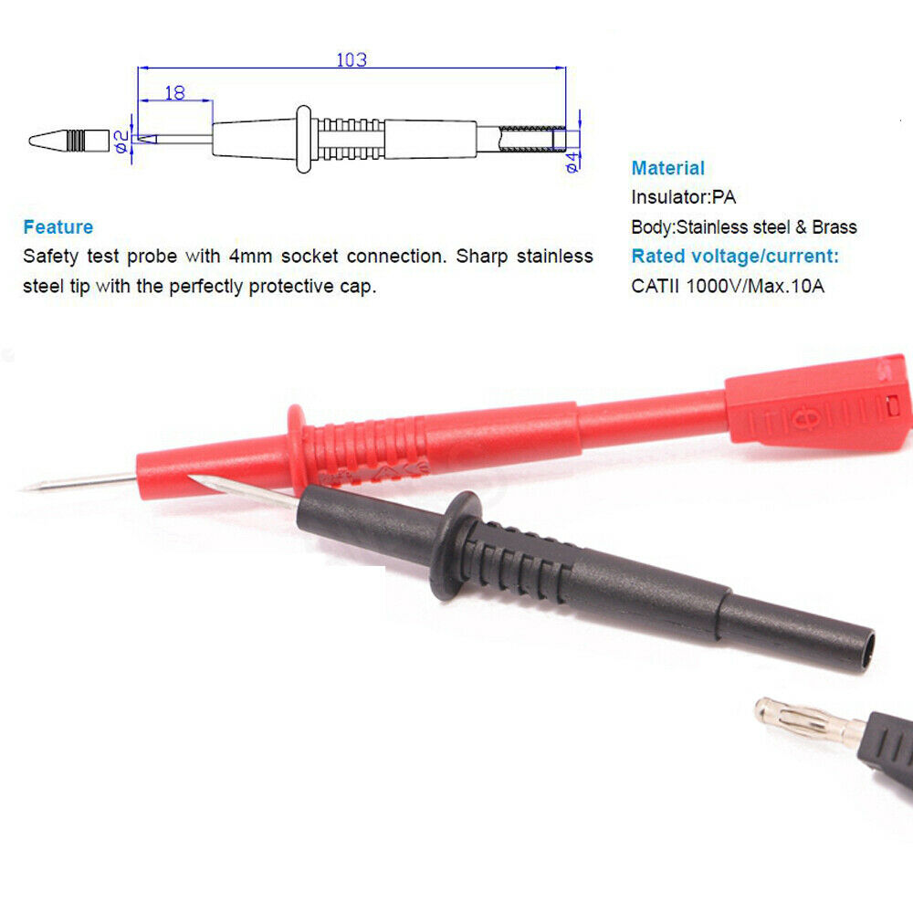 1pair 2mm Stainless Steel Test Probe Pointed Needle with 4mm Banana Socket R+B