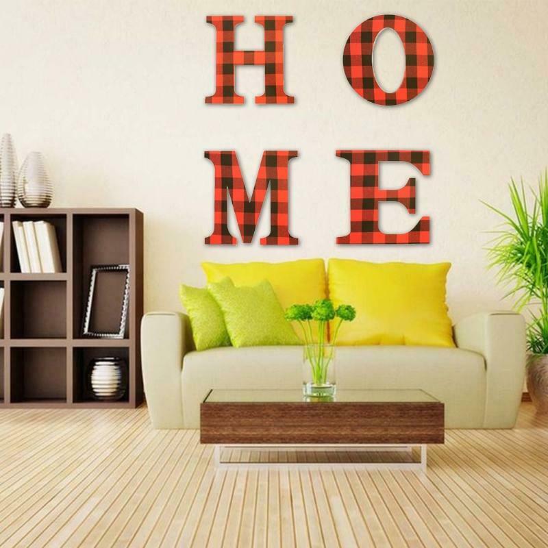 4 Pcs Letter Sign Joy Plaid Letter Wooden Decoration for Home Door Ornaments