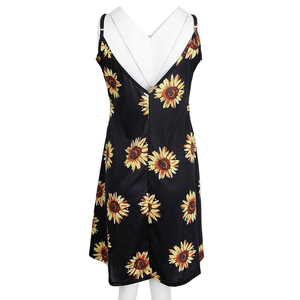Women's Summer Sleeveless Adjustable Strappy Floral Swing Dress Sunflower L