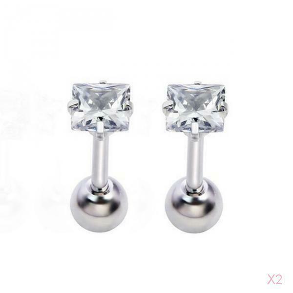 Pair Steel Barbell Square Zircon  Helix Tragus Lip Ear Stud 1.2mm