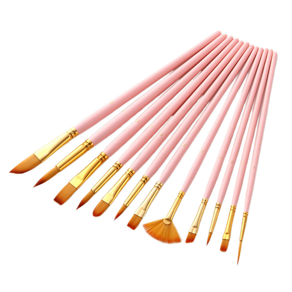 12x Wooden Nylon Hair Brush Round Angled Pointed Brushes For Oil Drawing