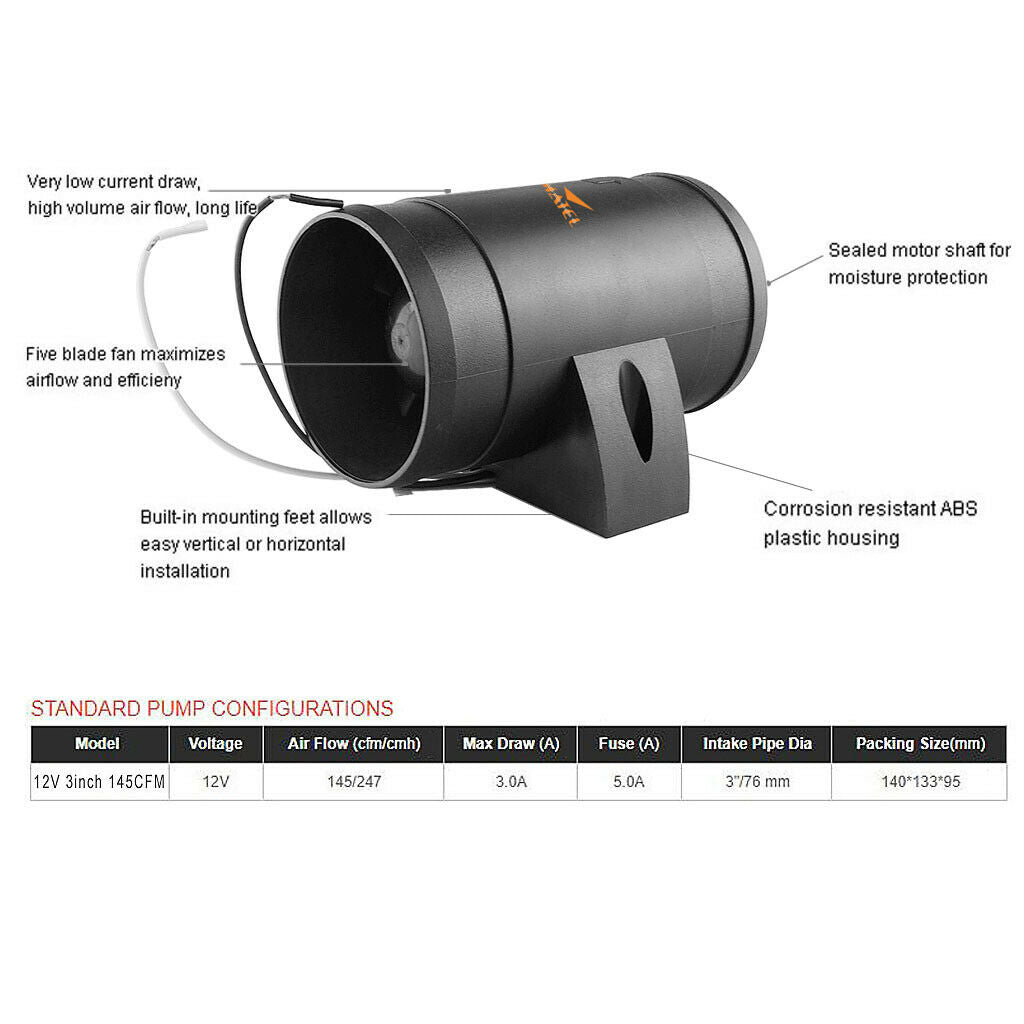 DC12V 3" Marine Sailing Cabin Air Blower 145CFM Quiet Boat Cool Fan Black