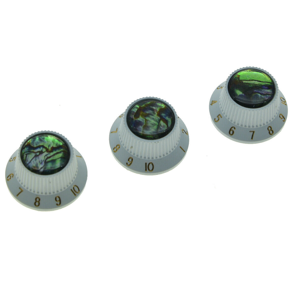 Set of 3 Plastic Push On Fit Abalone Top ST Strat Guitar Knobs Bass Knobs White