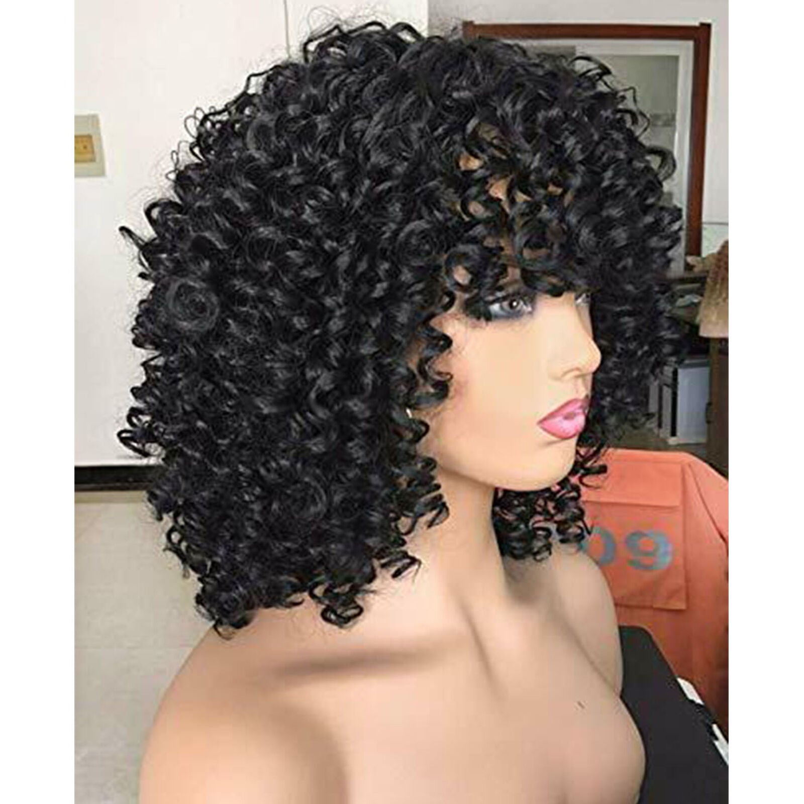 Women Curly Afro Wig with Bangs Short Kinky Curly Wigs for Black Women black