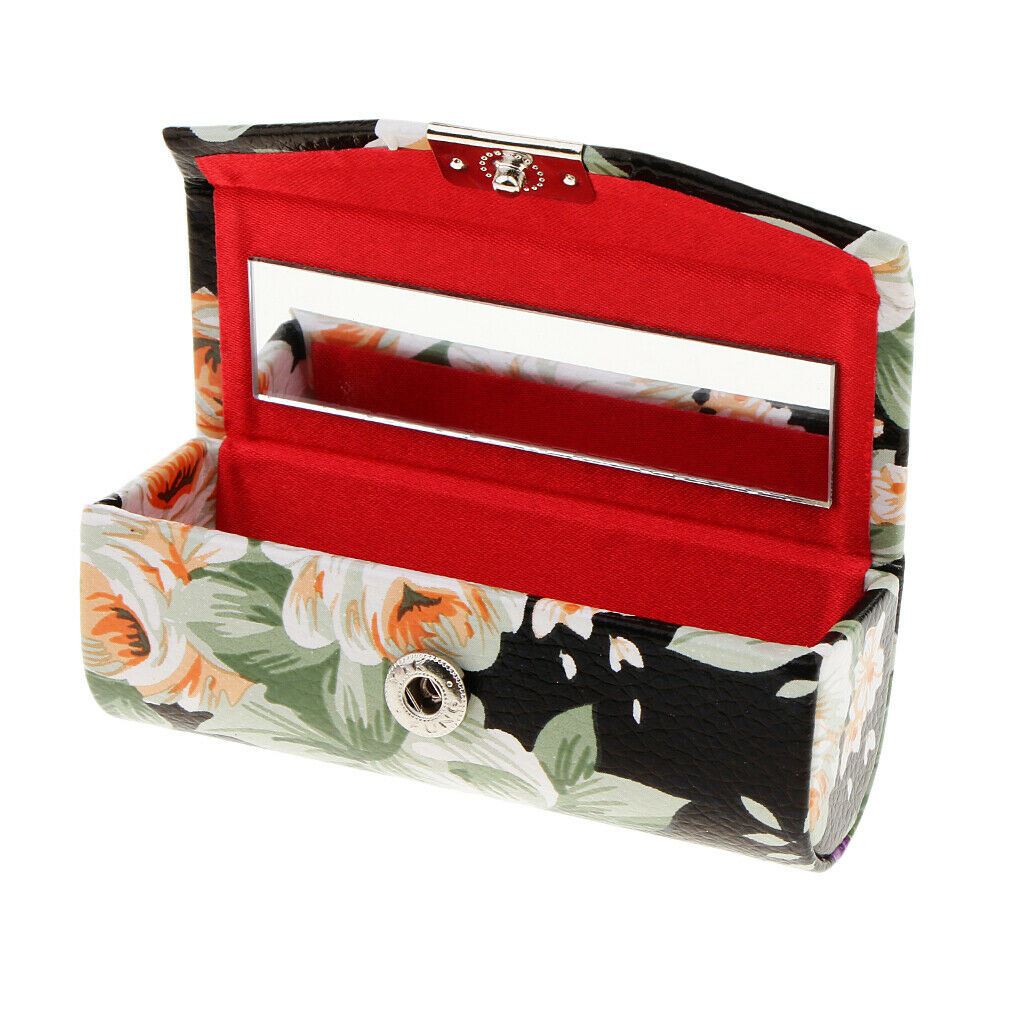 Leather Jewelry Makeup Lipstick Holder Case with Mirror Black