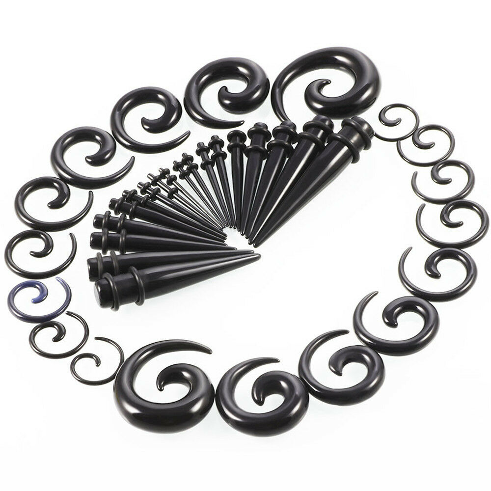 36pcs Black Acrylic Ear Taper Plug Spiral Expander Stretching Kit Gauges 14G-00G