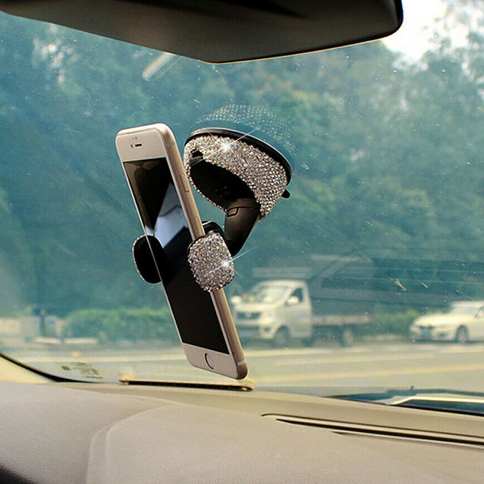 1Pcs Car Phone Holder Dashboard Stand Crystal Bling Girls Interior Accessories