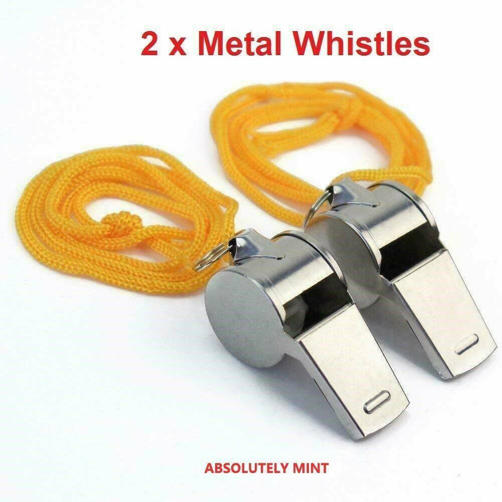 2X Football Soccer Sports Metal Referee Whistle Black Lanyard Emergency Survival
