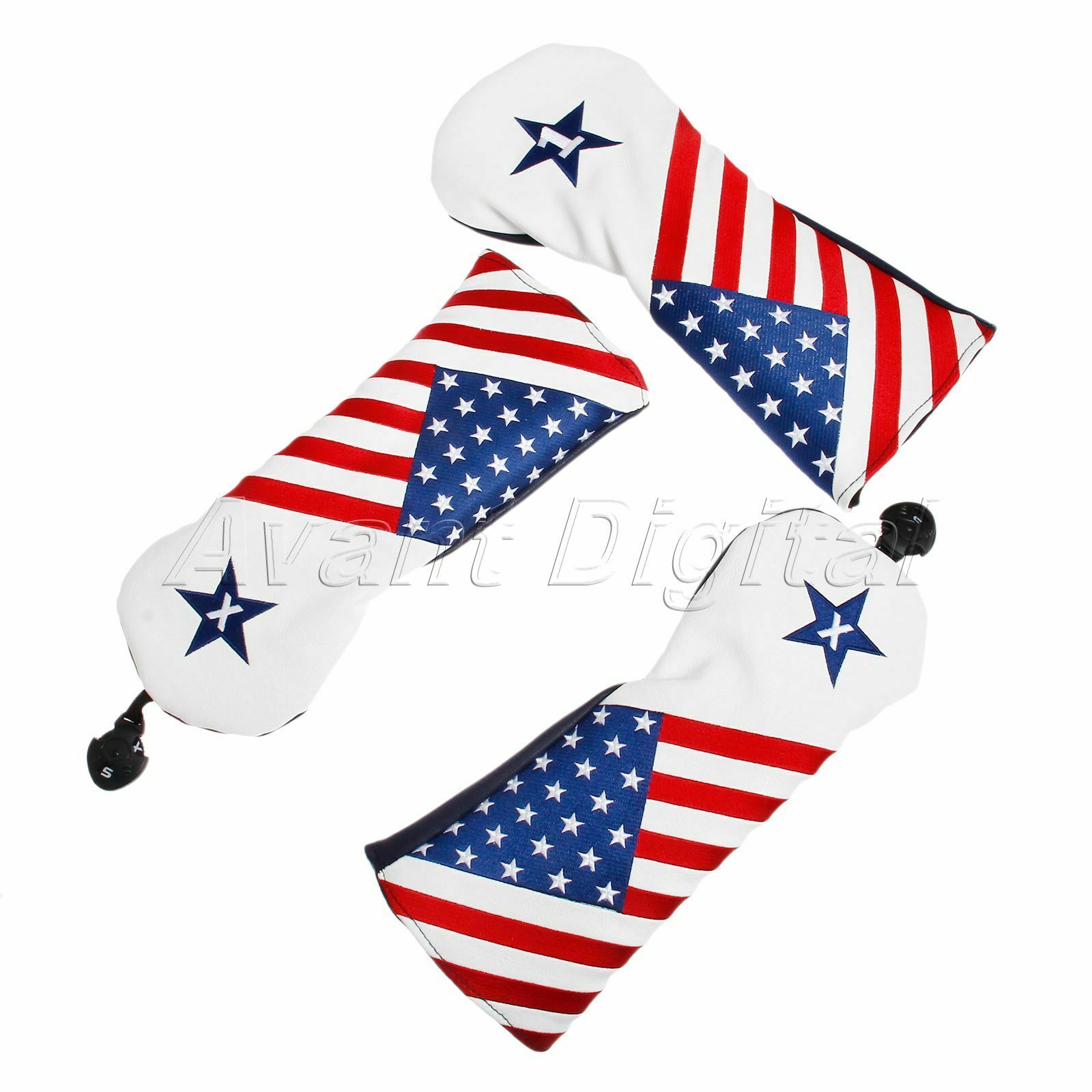 3Piece Golf Putter Iron Headcover Mallet PU Leather American Flag Protector