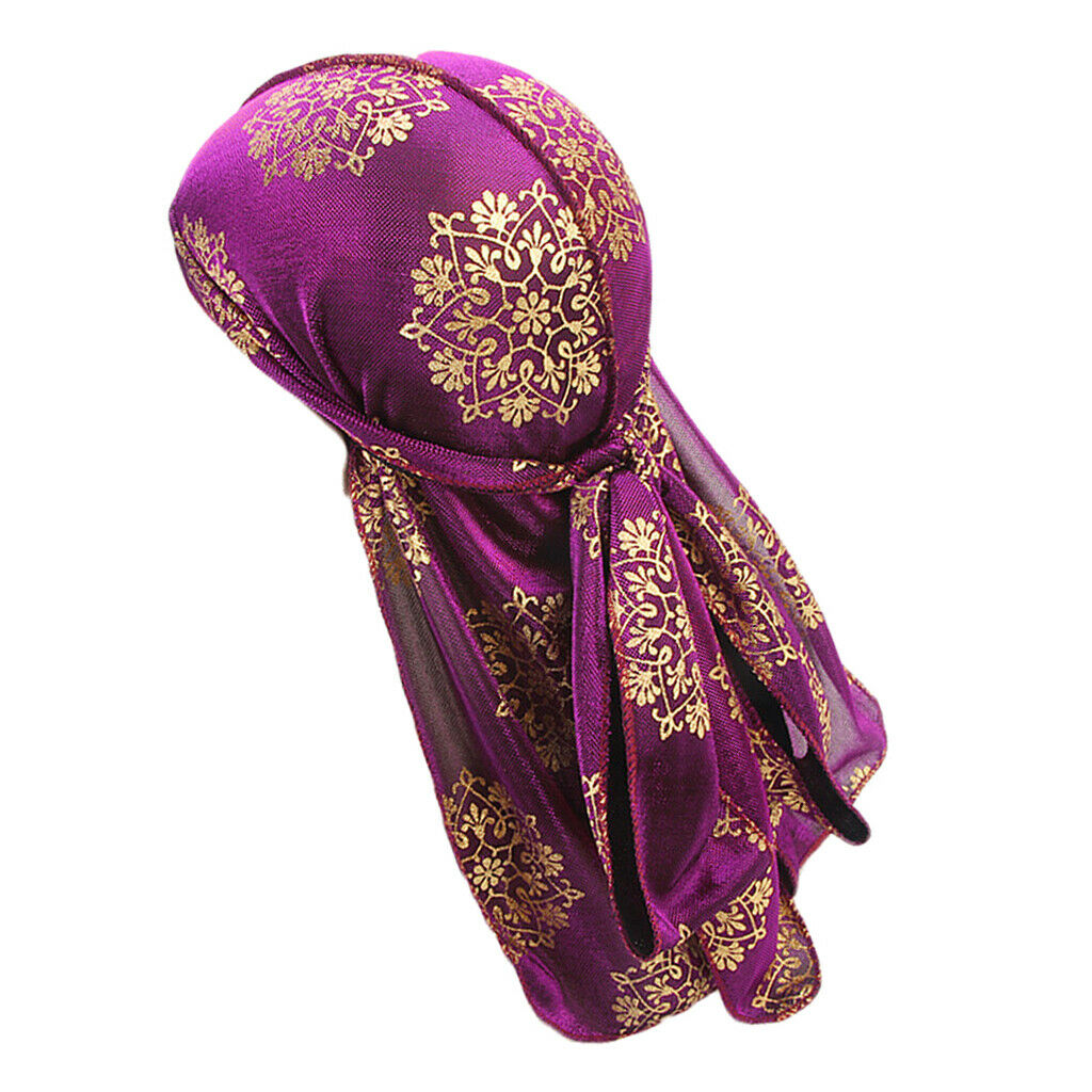 Men Women Silky Print Bandana Hat Durag Long Tail Headwrap Headwear Purple
