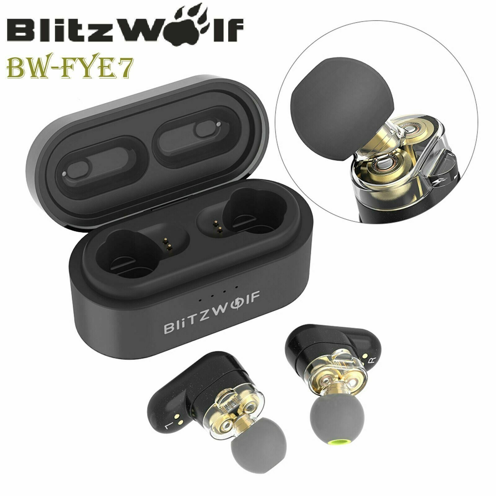 Blitzwolf Wireless Bluetooth 5.0 Stereo Bass Earphone Earbud + Charger with Mic