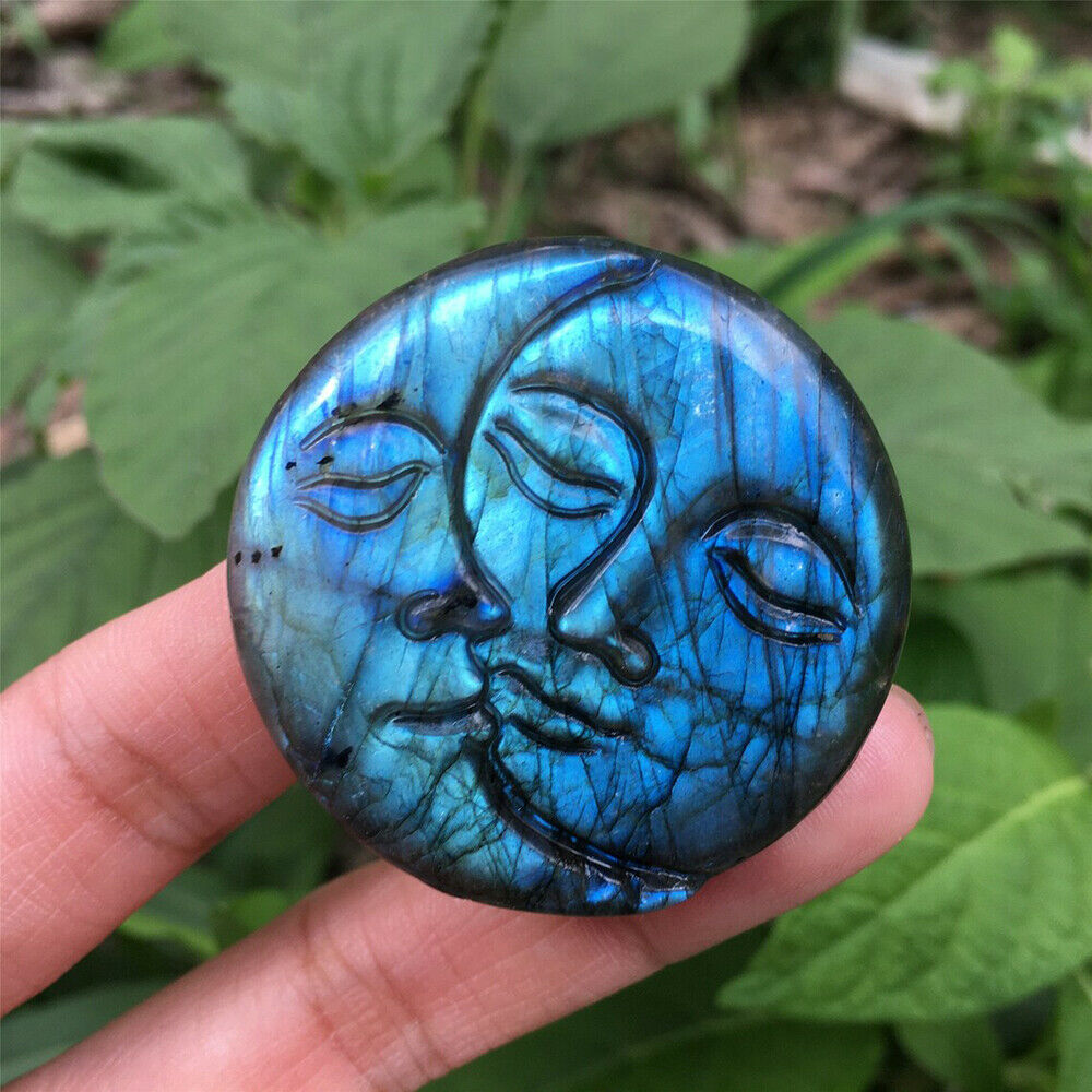 Natural Moon Sun Kiss Face Labradorite Crystal Carved Rainbow Healing Decoration
