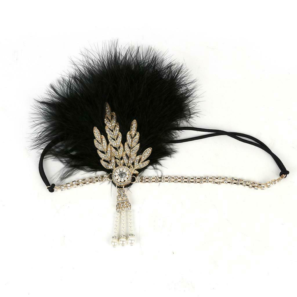 Set of 2 Womens Feather Headband Chain Stretchy Rhinestone Hairband Beaded