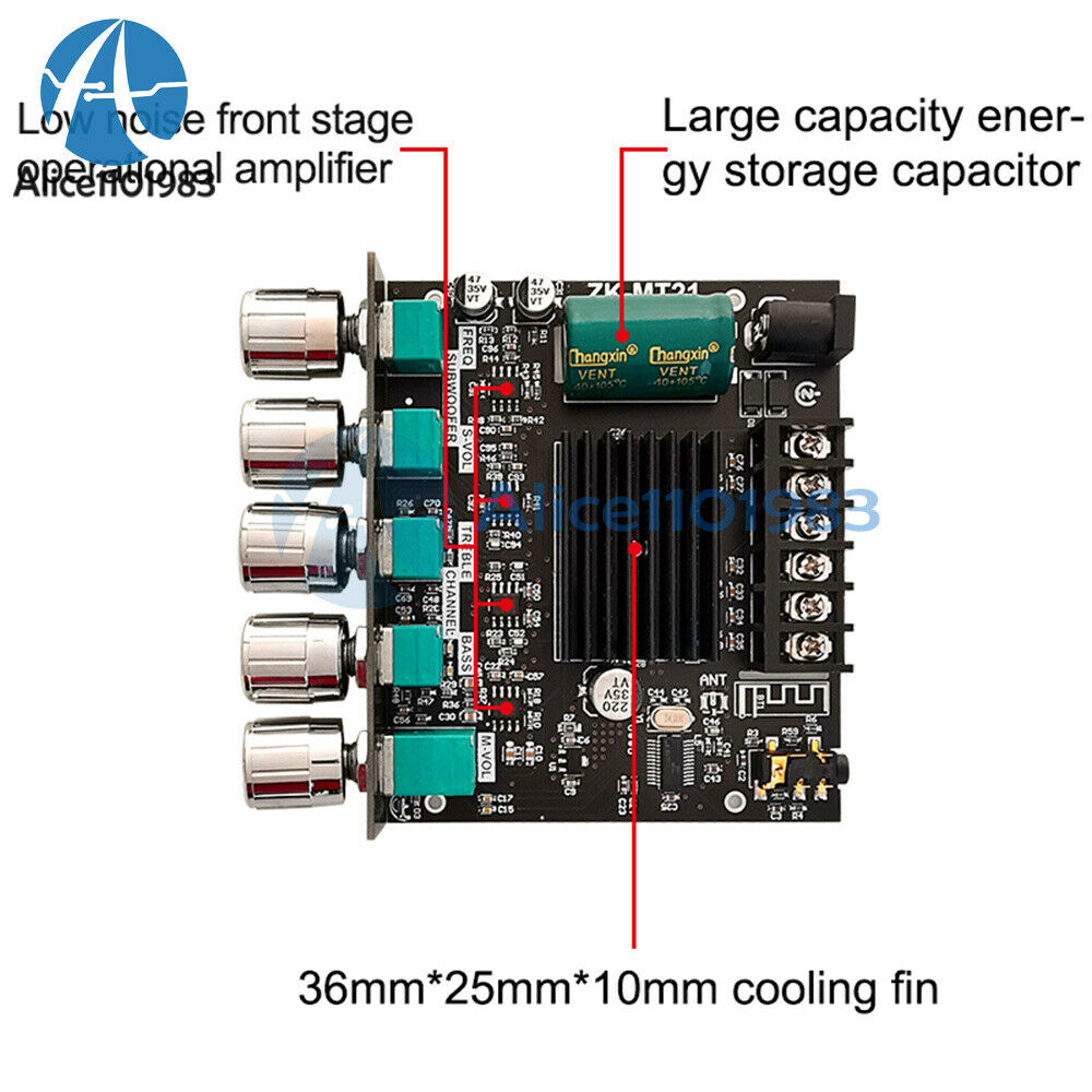 ZK-MT21 Bluetooth 5.0 Overweight Subwoofer Amplifier Board High Low Tone AMP AUX