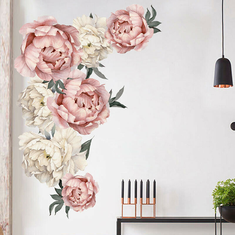 Pink Peony Flower Wall Stickers Romantic Home Decor for Bedroom Living Ro.l8