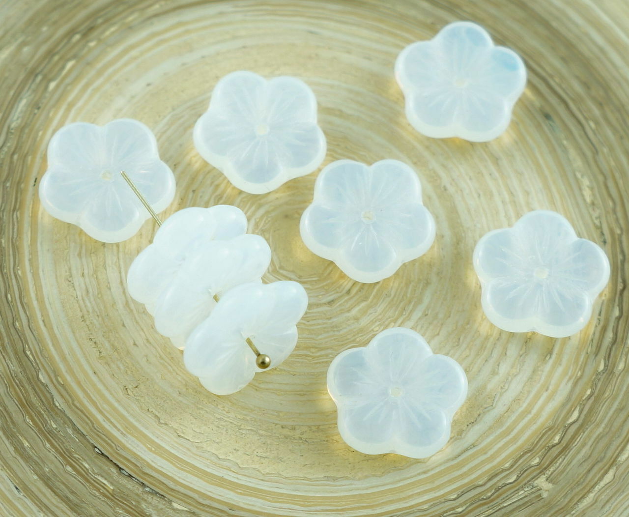 6pcs White Opal Sea Moonstone Large Flat Flower Cup Czech Glass Beads 14mm