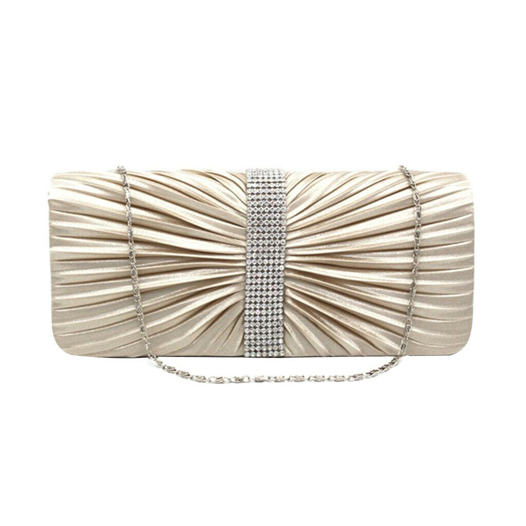 Women Elegant Crystal Satin Pleated Evening Party Wedding Handbag Apricot