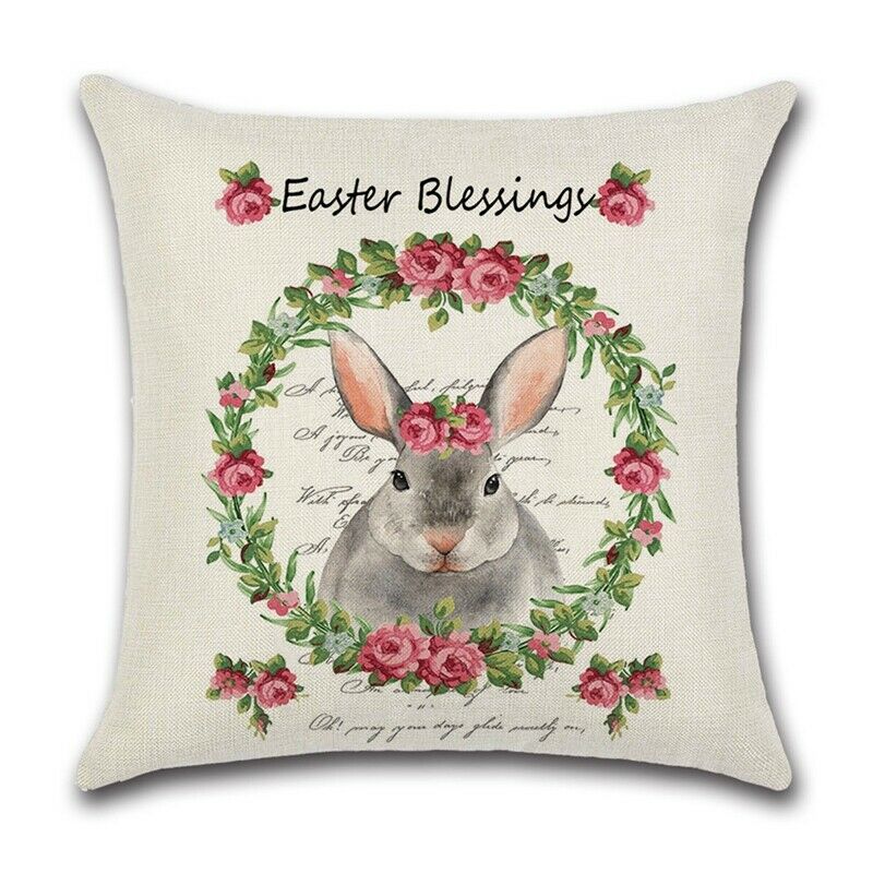 4 PCS Easter Bunny Wreath Pillowcase Linen Pillow Cover Home Decor Square CuH9I5