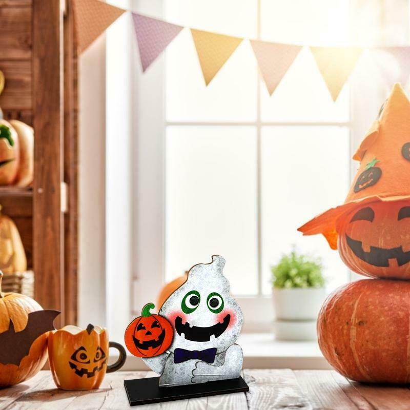 Cute Ghost Holding Pumpkin Wooden Sign Halloween Party Table Topper Decoration