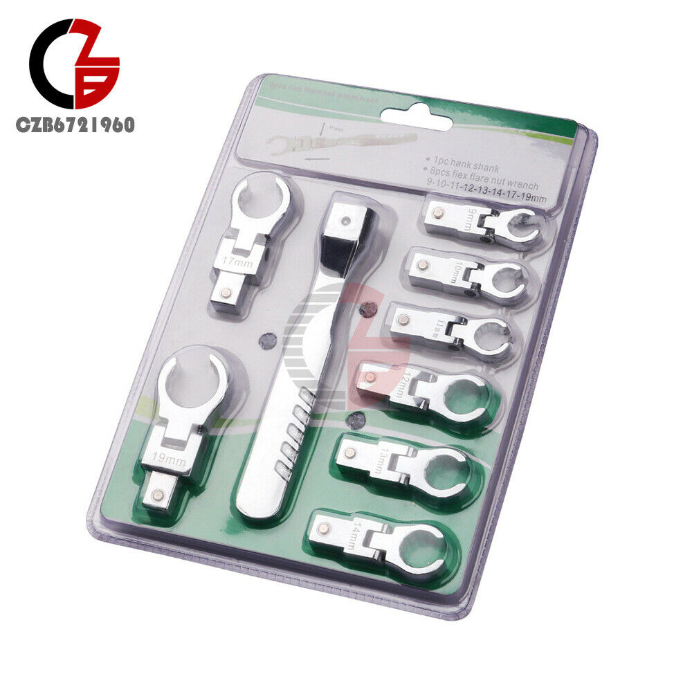 9PCS Portable Metric Ratchet 180°Rotating Gear Removable Flexible Wrench Set