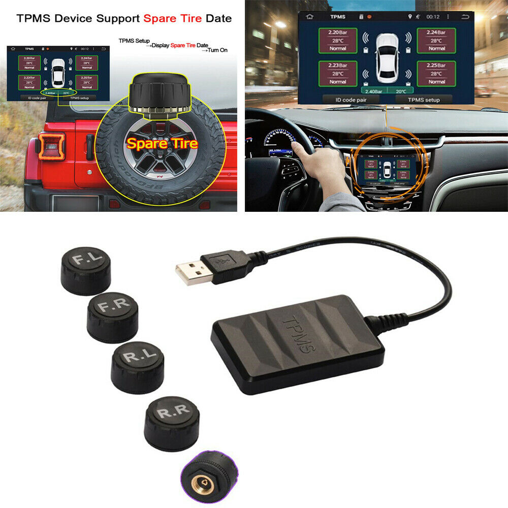 For Android Radio TPMS Tire Pressure Monitoring System w/ 5Pcs External Sensor