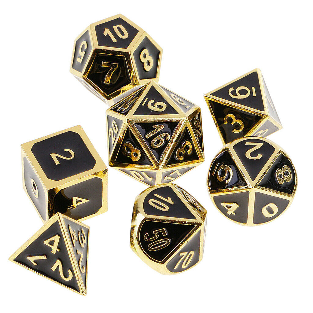 7x Opaque Zinc Alloy Polyhedral Dices for Party Bar Accessory Golden 1.6cm