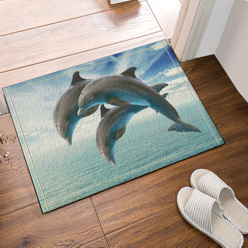 Dolphin Ocean Creature Jumping Bath Rug Non-Slip Indoor Front Door Mat 16x24"