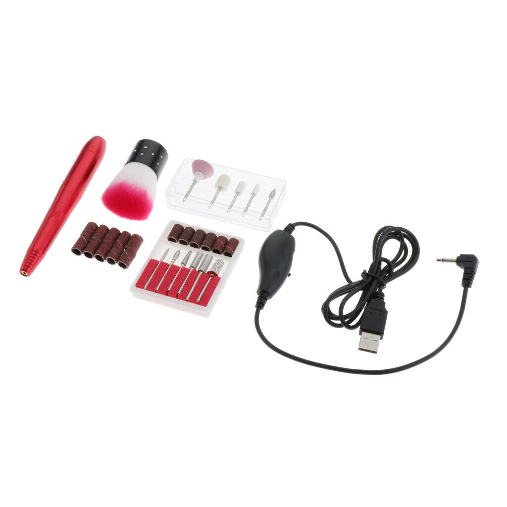 Electric Nail Drill File Machine Kit Manicure Nail Polisher Drill Bits Brush Red
