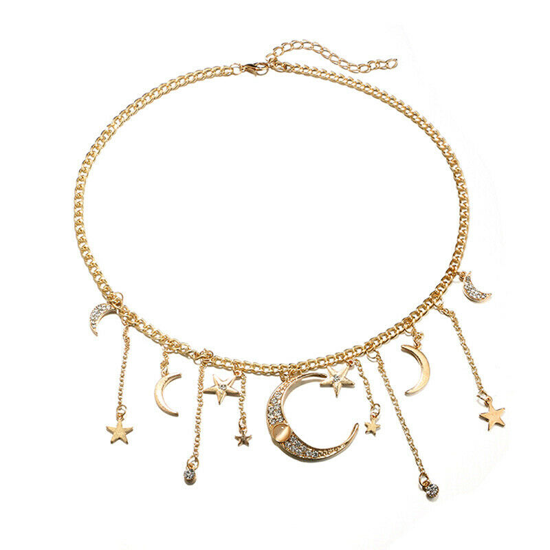 Fashion Star Moon Pendant Tassel Necklace Shiny Crystal Choker Women Jewe.l8
